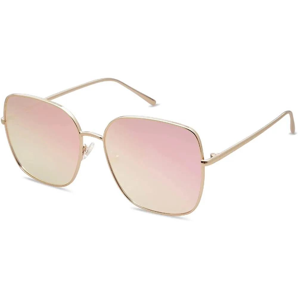 Trendy Oversized Square Metal Frame Sunglasses Flat Mirrored Lens UV Protection for Women Men - Nala