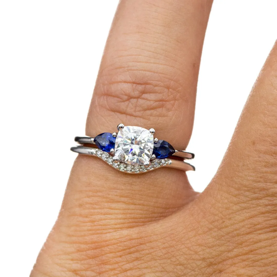 Tressa- Three Stone Engagement Ring, Prong set Cushion Moissanite & Pear Blue Sapphire Accents