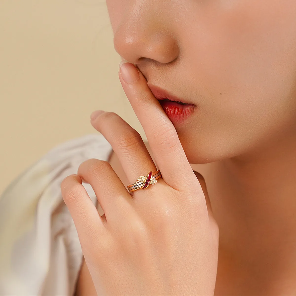 Tri Color Gold Diamond & Ruby Criss Cross Ring | HX Jewelry