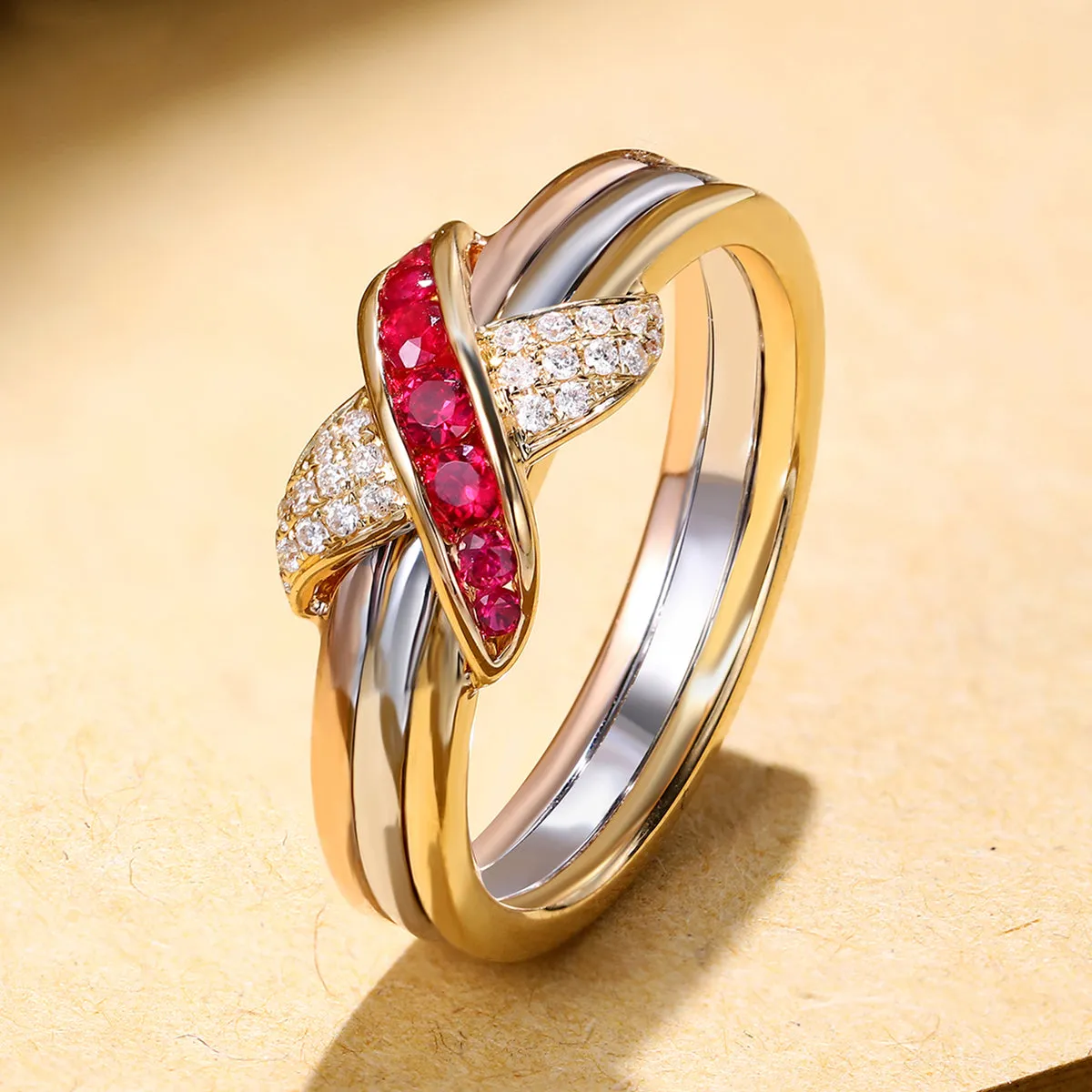 Tri Color Gold Diamond & Ruby Criss Cross Ring | HX Jewelry