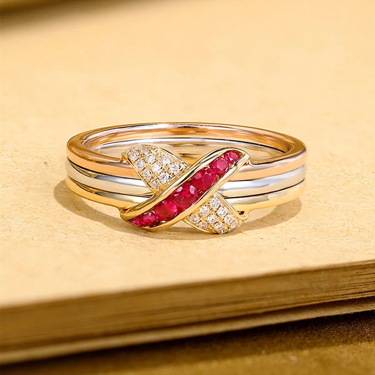Tri Color Gold Diamond & Ruby Criss Cross Ring | HX Jewelry