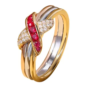 Tri Color Gold Diamond & Ruby Criss Cross Ring | HX Jewelry