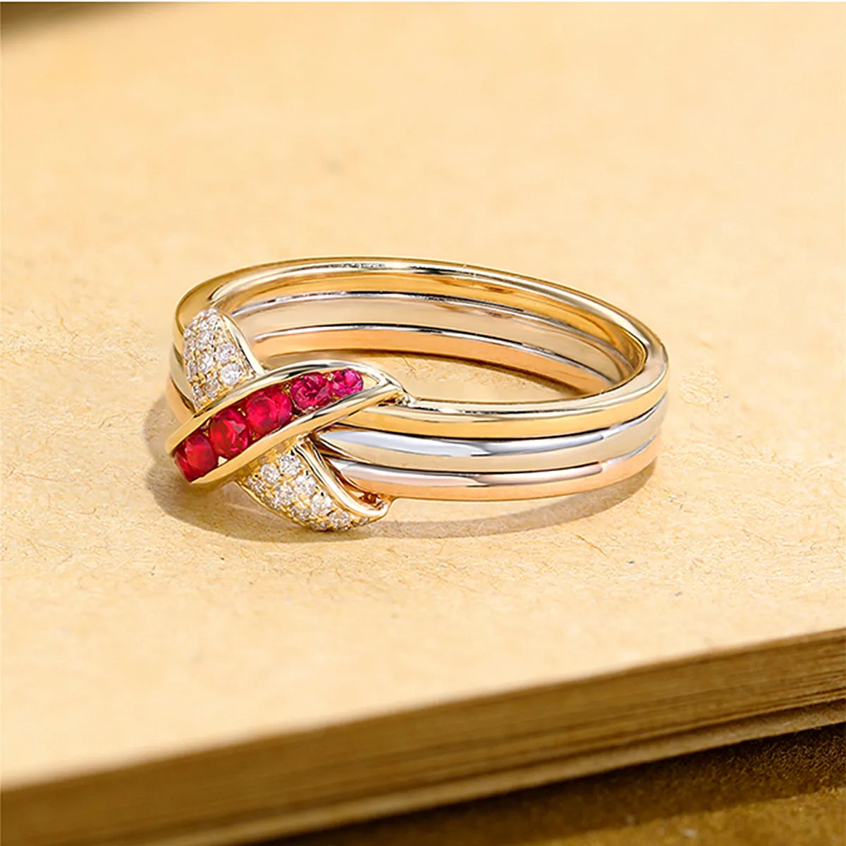Tri Color Gold Diamond & Ruby Criss Cross Ring | HX Jewelry