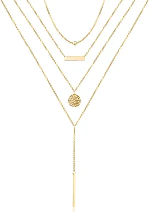 Turandoss Dainty Layered Choker Necklace, Handmade 14K Gold Plated Y Pendant Necklace Multilayer Bar Disc Necklace Adjustable Layering Choker Necklaces for Women