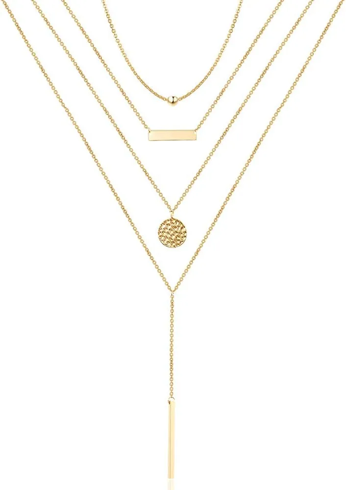 Turandoss Dainty Layered Choker Necklace, Handmade 14K Gold Plated Y Pendant Necklace Multilayer Bar Disc Necklace Adjustable Layering Choker Necklaces for Women