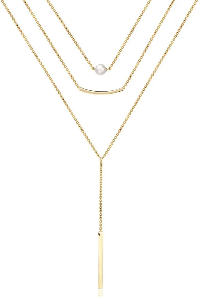 Turandoss Dainty Layered Choker Necklace, Handmade 14K Gold Plated Y Pendant Necklace Multilayer Bar Disc Necklace Adjustable Layering Choker Necklaces for Women