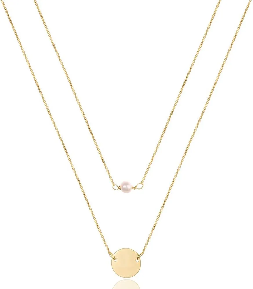 Turandoss Dainty Layered Choker Necklace, Handmade 14K Gold Plated Y Pendant Necklace Multilayer Bar Disc Necklace Adjustable Layering Choker Necklaces for Women