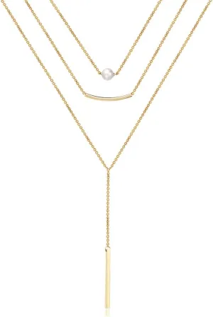 Turandoss Dainty Layered Choker Necklace, Handmade 14K Gold Plated Y Pendant Necklace Multilayer Bar Disc Necklace Adjustable Layering Choker Necklaces for Women