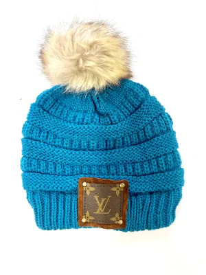 Turquoise Beanie with brown patch antique hardware