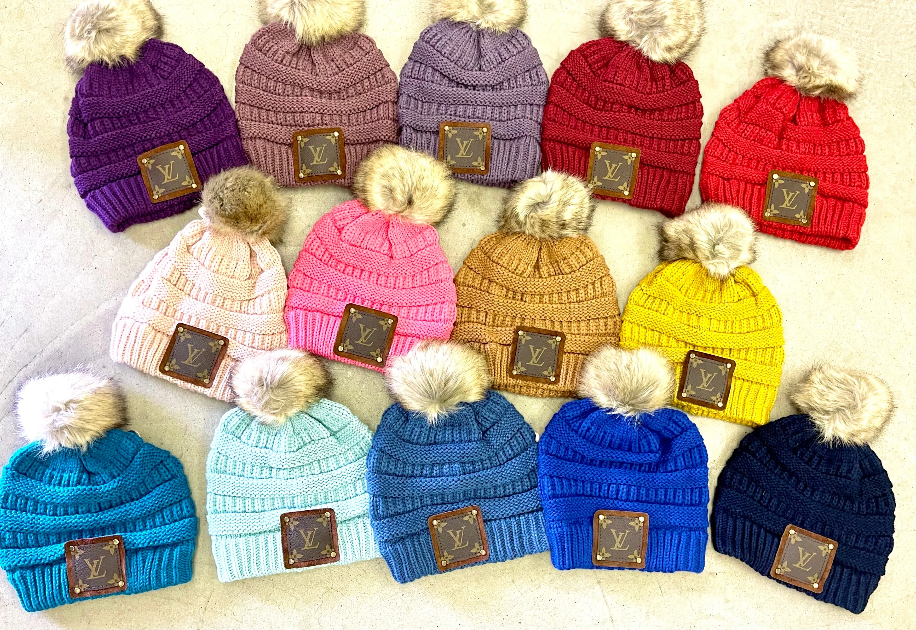 Turquoise Beanie with brown patch antique hardware