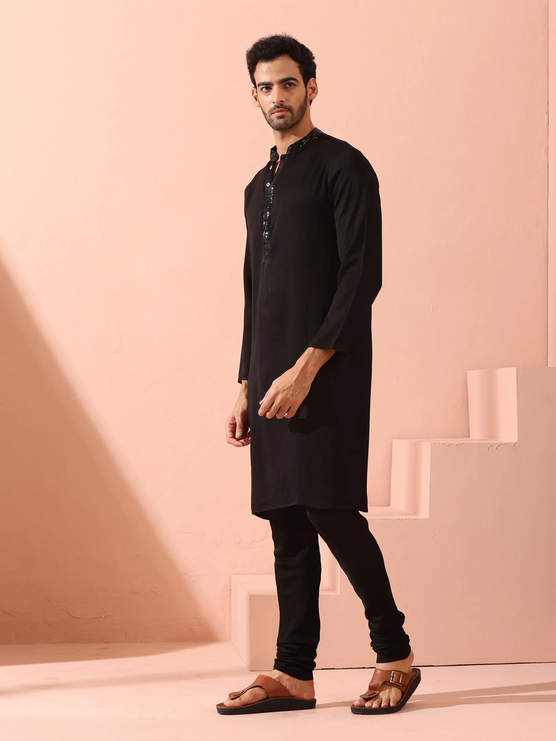 Tuxedo Black Korean Fabric with Sequin Placket Kurta