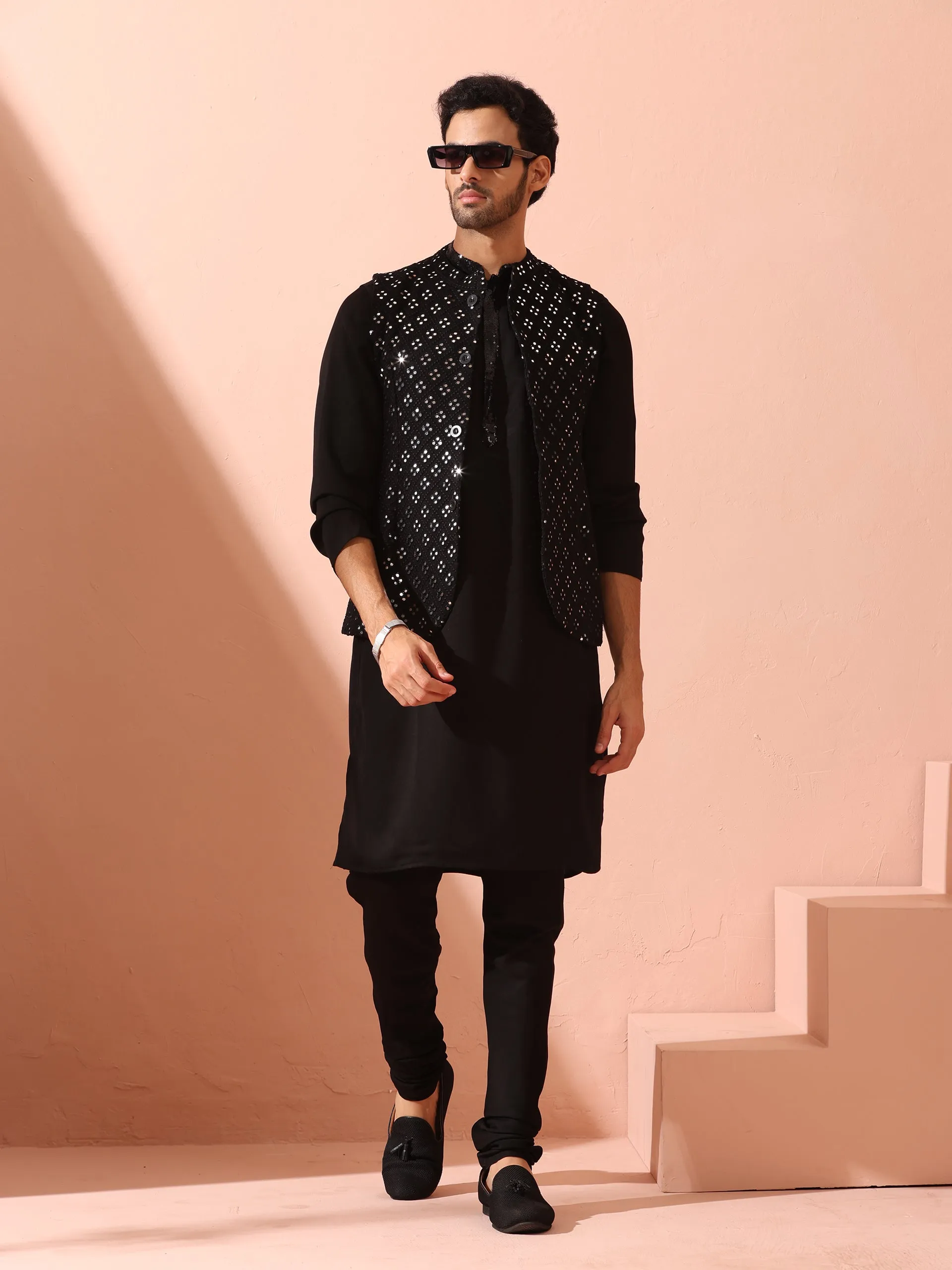 Tuxedo Black Korean Fabric with Sequin Placket Kurta