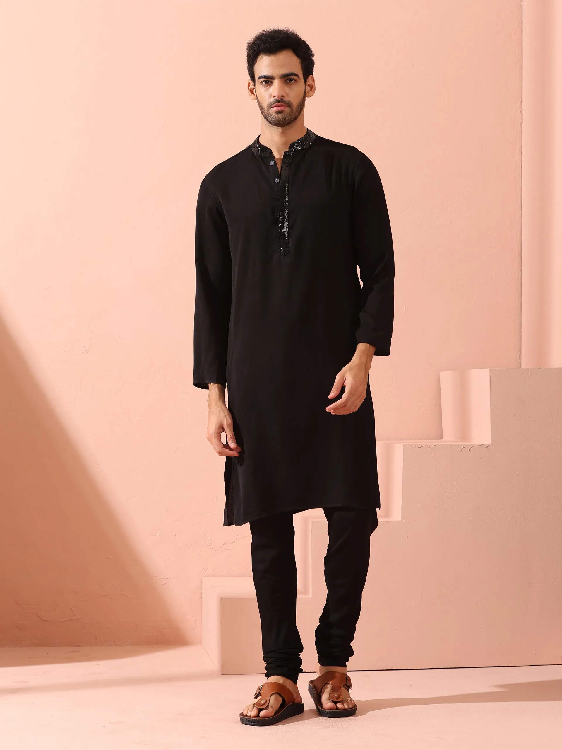 Tuxedo Black Korean Fabric with Sequin Placket Kurta