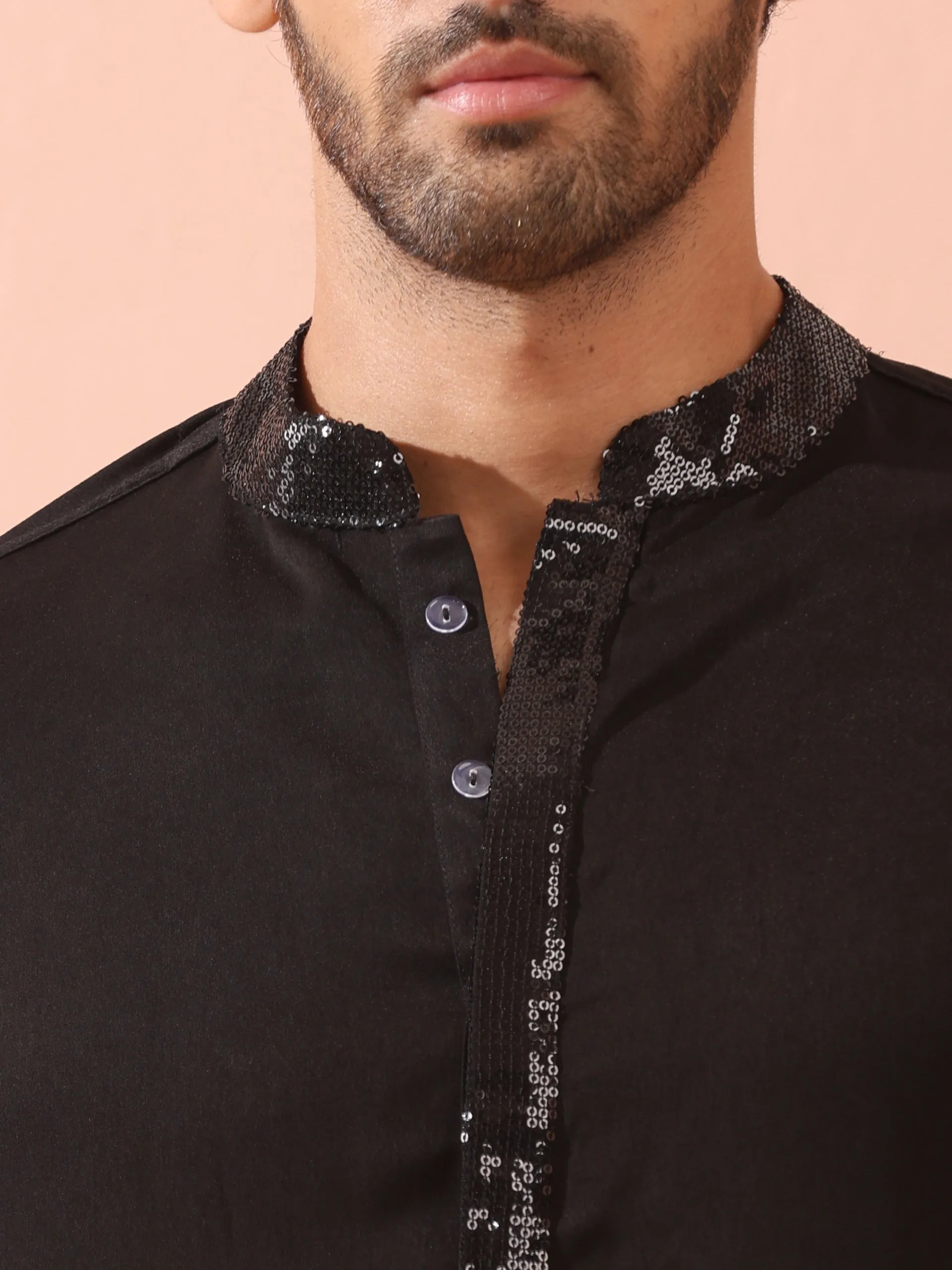 Tuxedo Black Korean Fabric with Sequin Placket Kurta