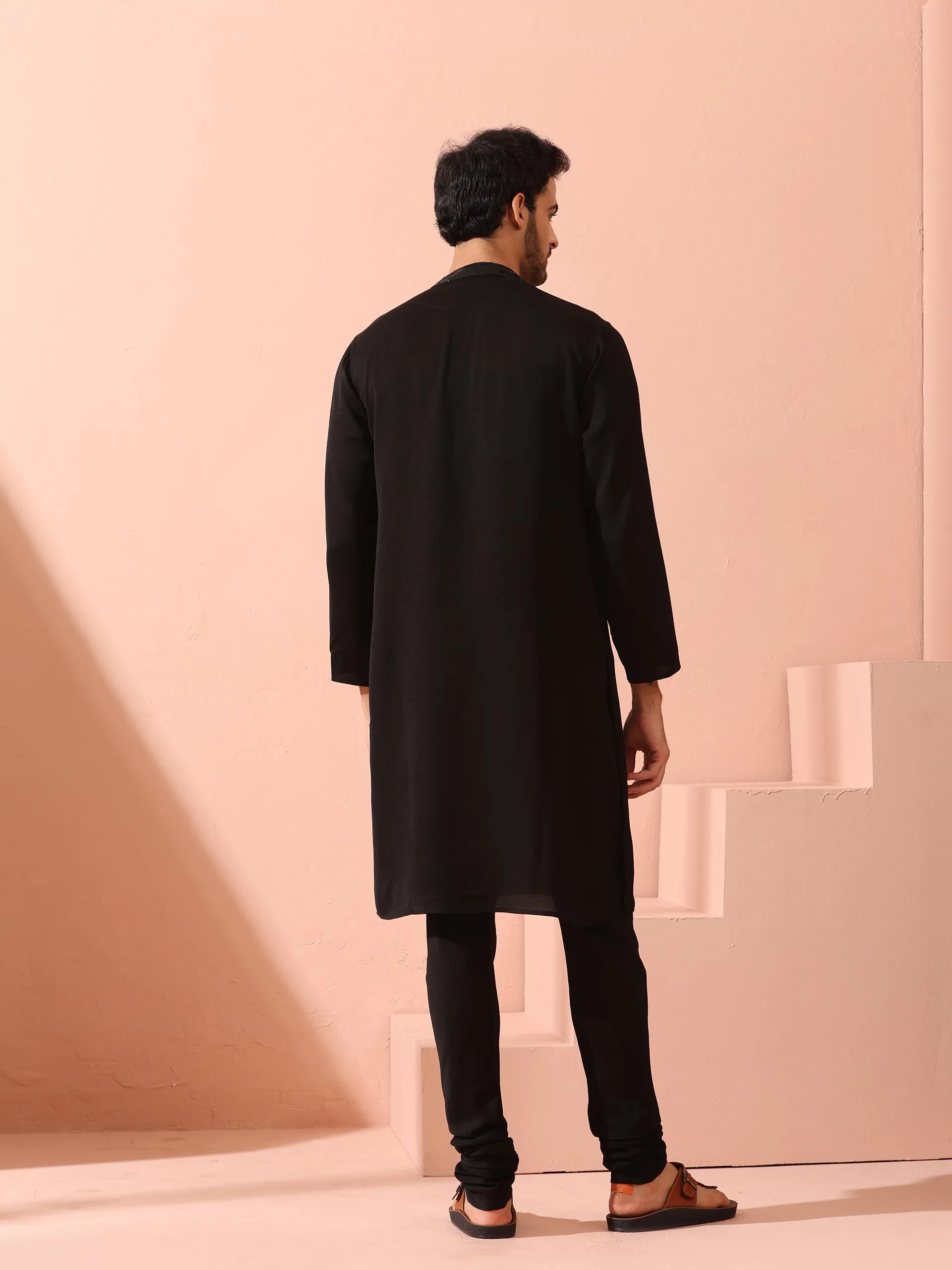 Tuxedo Black Korean Fabric with Sequin Placket Kurta