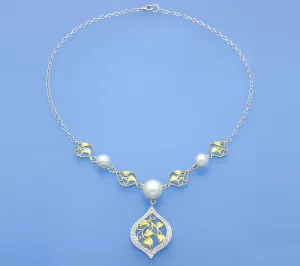 Two Tone Plated Silver Necklace with Button Shape Freshwater Pearl and Cubic Zirconia