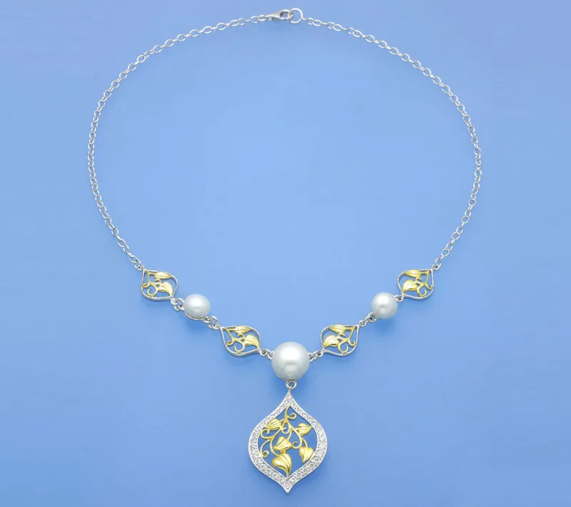 Two Tone Plated Silver Necklace with Button Shape Freshwater Pearl and Cubic Zirconia