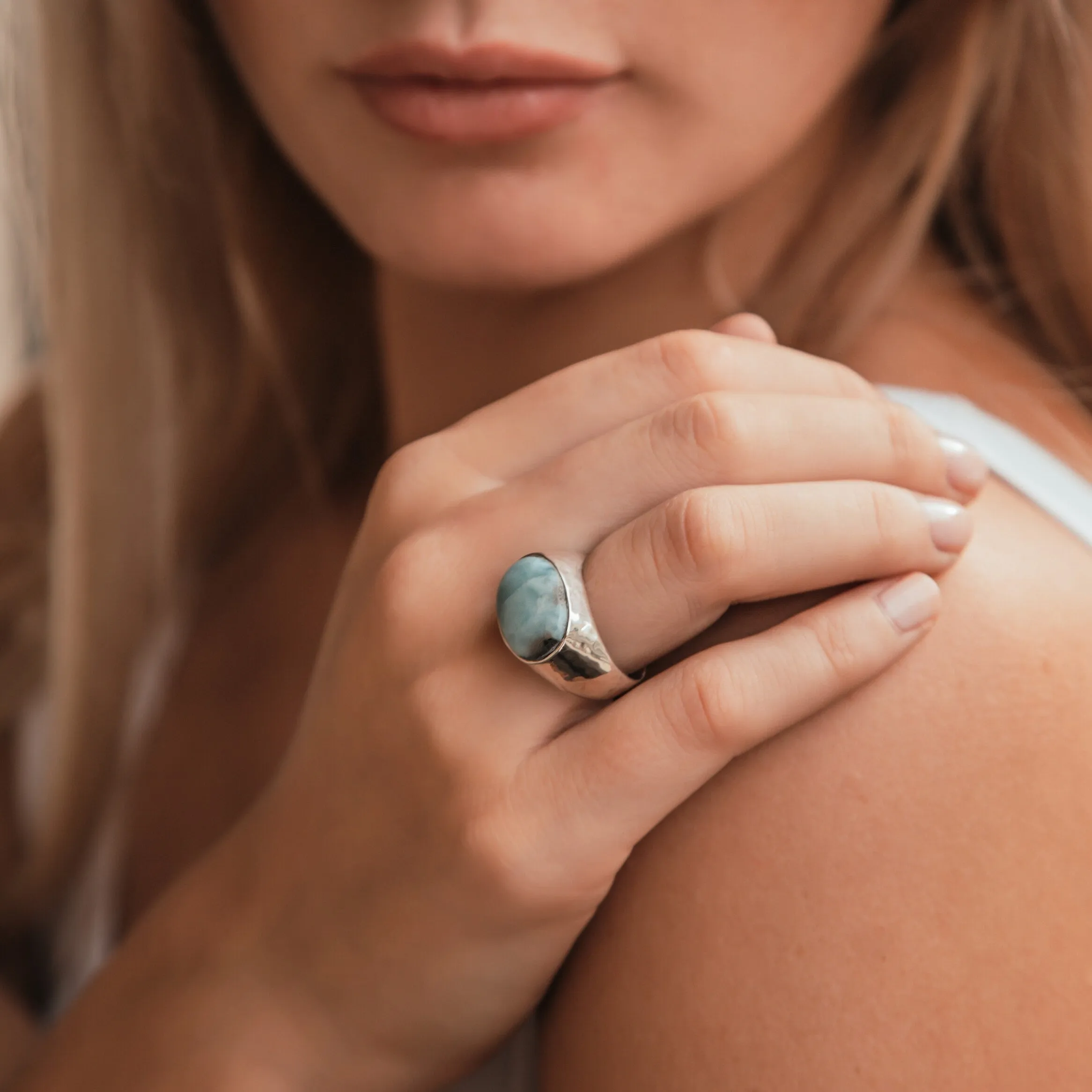 Unique Blue Larimar 925 Sterling Silver Statement Ring