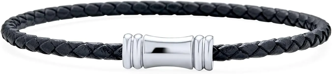 Unisex Multilayer Black Stackable Woven Weave Braided Genuine Leather Bracelet Woven Bangle Bracelet For Men Teens Women Stainless Barrel Lobster Clasp Hook
