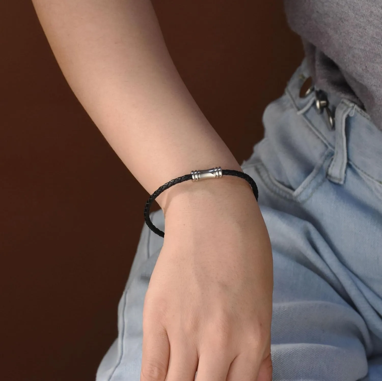 Unisex Multilayer Black Stackable Woven Weave Braided Genuine Leather Bracelet Woven Bangle Bracelet For Men Teens Women Stainless Barrel Lobster Clasp Hook