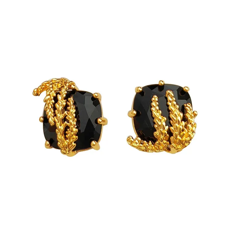 VAIGE Black Glass & Gold Leaf Asymmetrical Drop Earrings