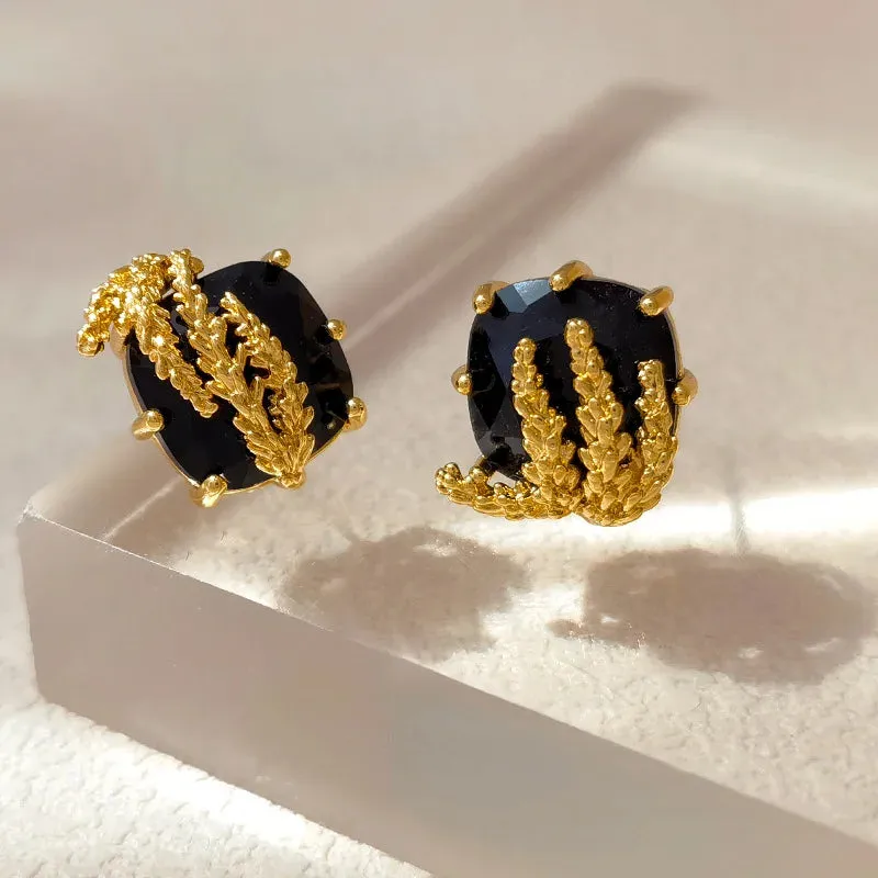 VAIGE Black Glass & Gold Leaf Asymmetrical Drop Earrings
