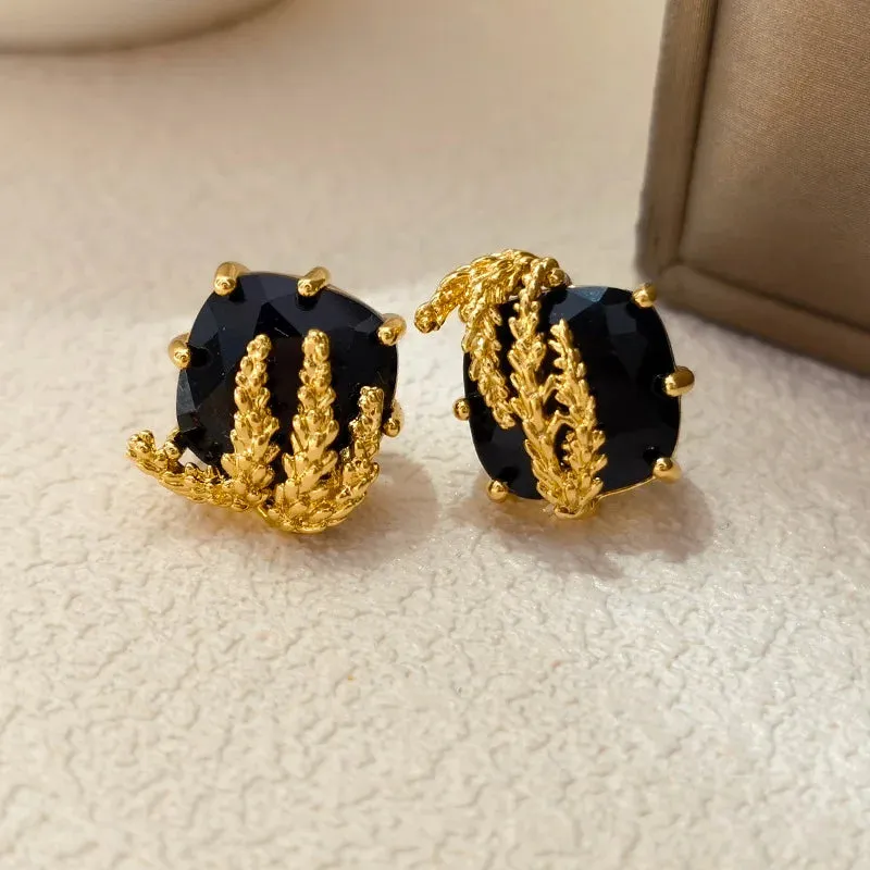 VAIGE Black Glass & Gold Leaf Asymmetrical Drop Earrings