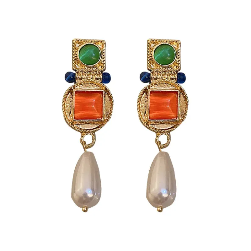 VAIGE Vintage Geometric Pearl Drop Earrings in Elegant Ivory and Gold