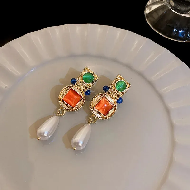 VAIGE Vintage Geometric Pearl Drop Earrings in Elegant Ivory and Gold