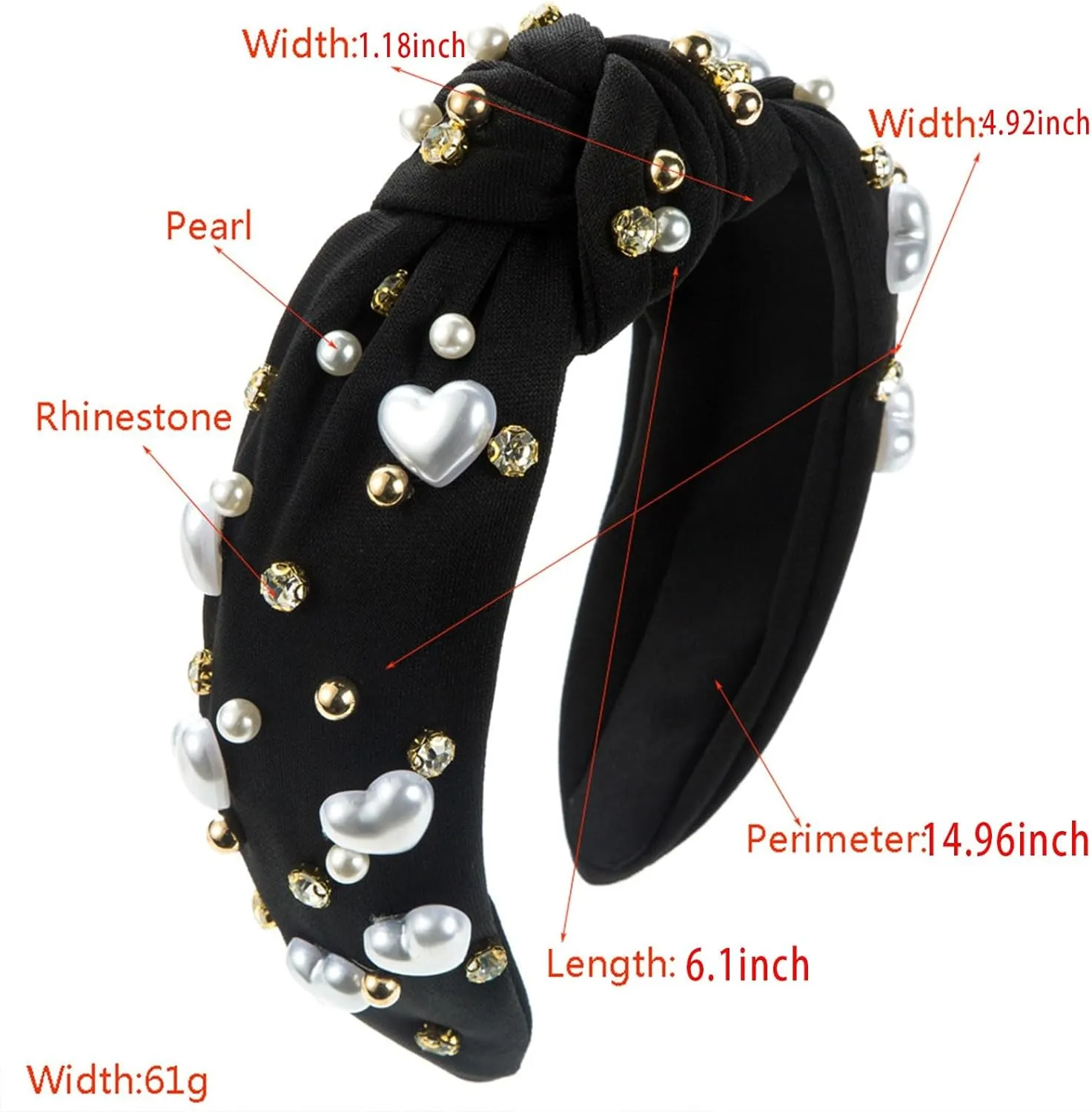Valentine's Day Headband for Women Love Heart Jeweled Crystal Pearl Knotted Headband Wide Top Knot Hair Accessories
