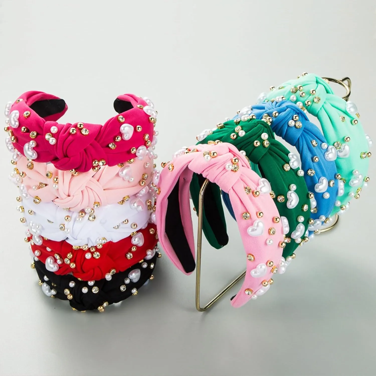 Valentine's Day Headband for Women Love Heart Jeweled Crystal Pearl Knotted Headband Wide Top Knot Hair Accessories