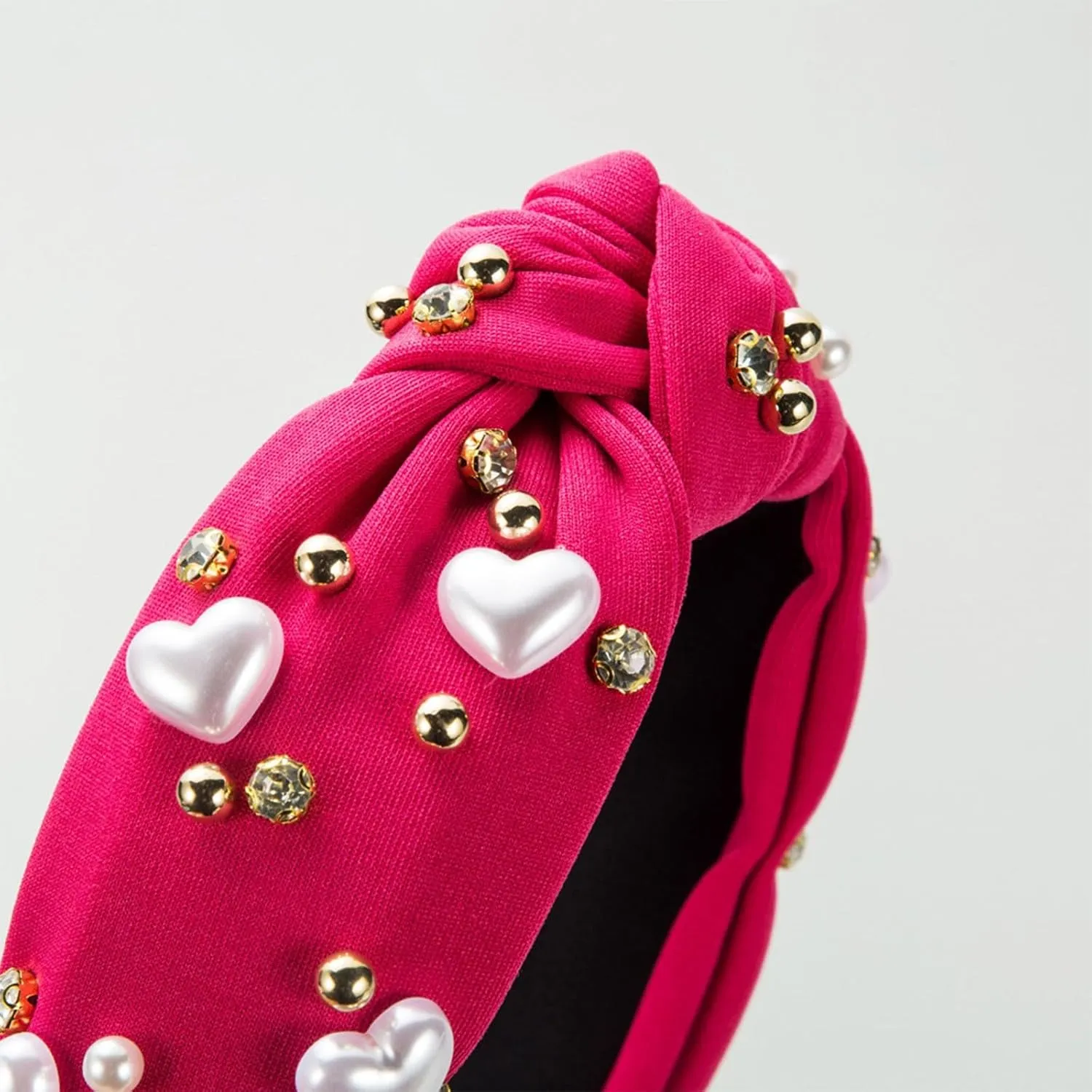 Valentine's Day Headband for Women Love Heart Jeweled Crystal Pearl Knotted Headband Wide Top Knot Hair Accessories