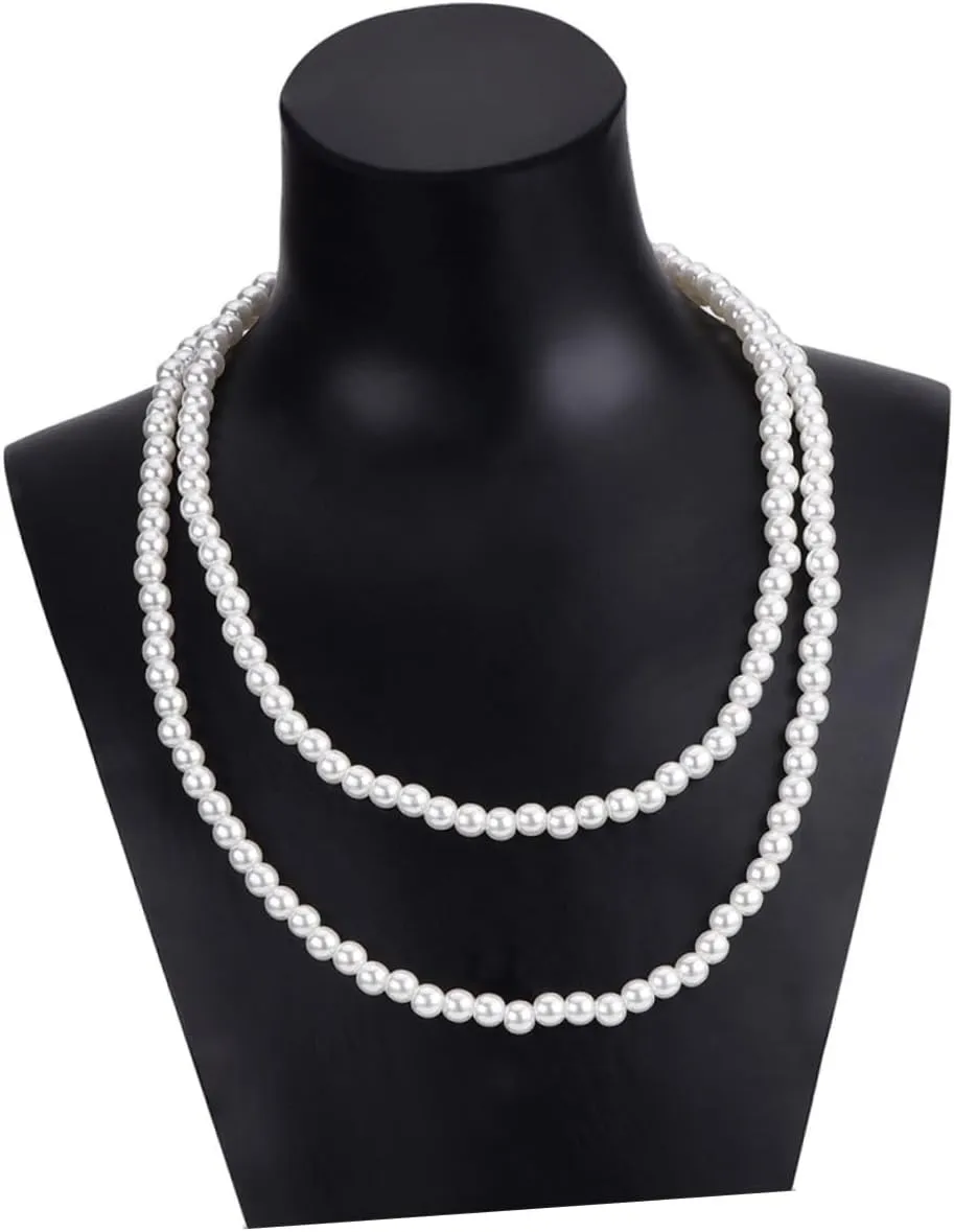 VALICLUD Vintage 1920s Party Jewelry Set Pearl Necklace Satin Gloves Plastic Holder Dress Accessories