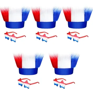 Vegove 5 Patriotic Crazy Hairy Headbands & 5 Eyewear Props - 4th of July Red White and Blue Troll Hair Headbands for Independence & Memorial Day Celebrations (USA)