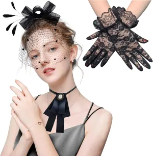 Veil Fascinator Hat, Feather Veil Mesh Hat, Black Bow Tie and Short Lace Gloves for Women Costume Accessories Tea Party