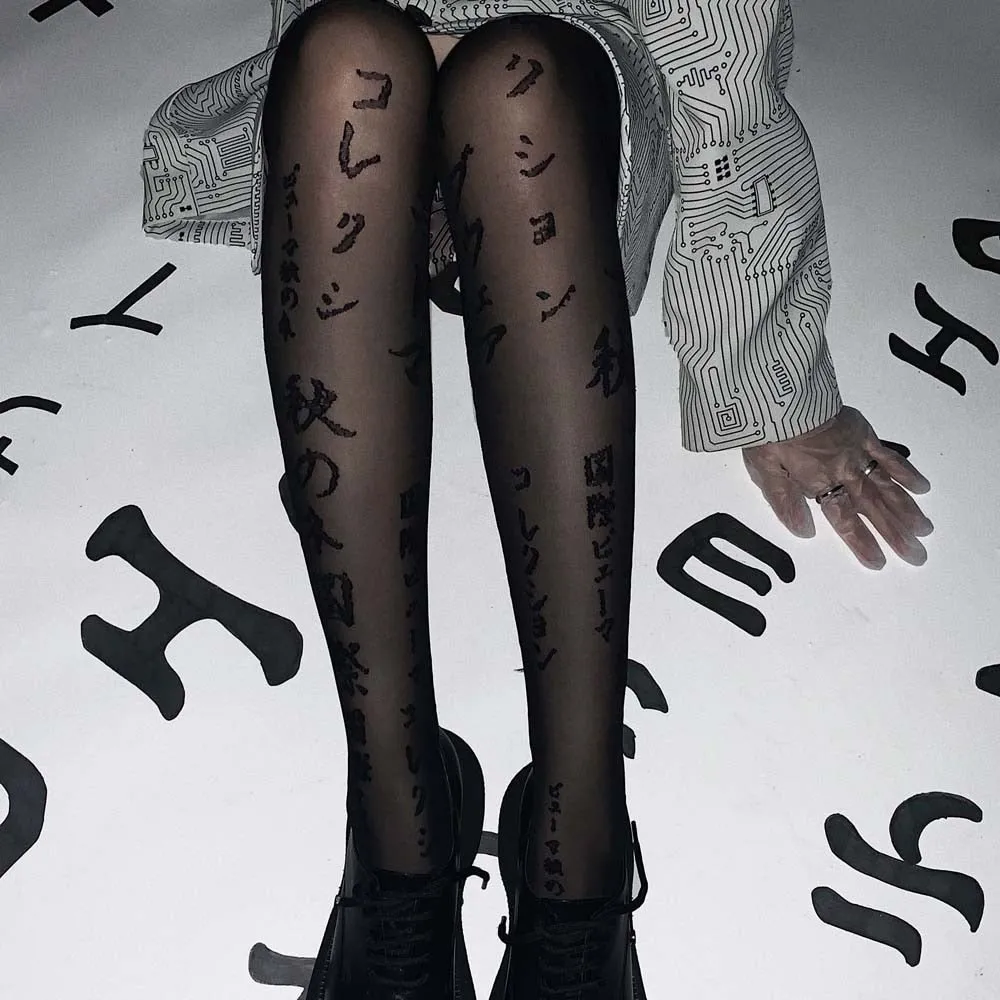 VenusFox New Fashion Harajuku Gothic Japanese Letter Print Black Sexy Knee High Stockings Women Girls Streetwear