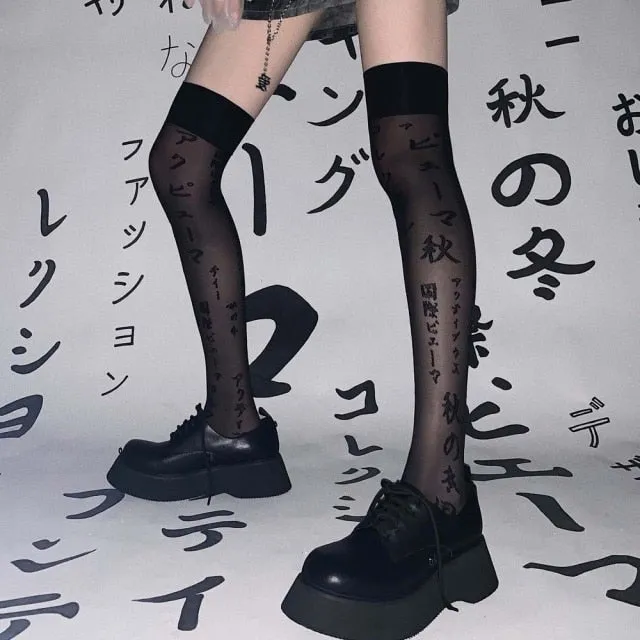 VenusFox New Fashion Harajuku Gothic Japanese Letter Print Black Sexy Knee High Stockings Women Girls Streetwear