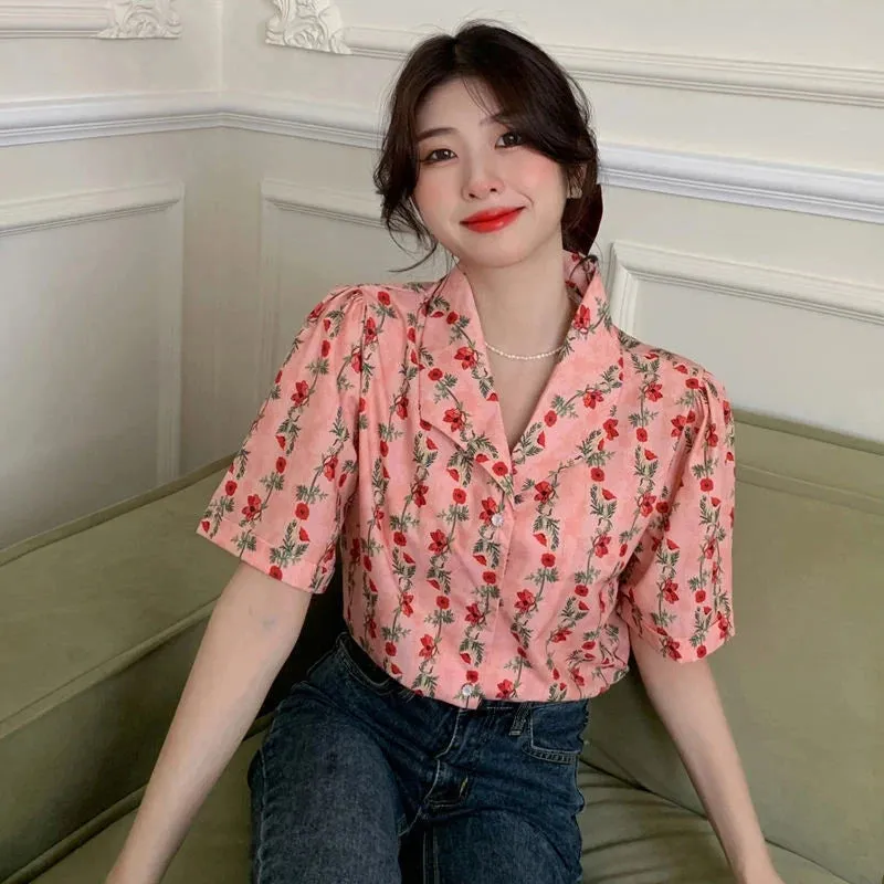 Vevesc Vintage Shirts Women Sweet Elegant Floral Print Blouses Summer Retro Streetwear Harajuku Korean Loose Casual Cardigan Tops New