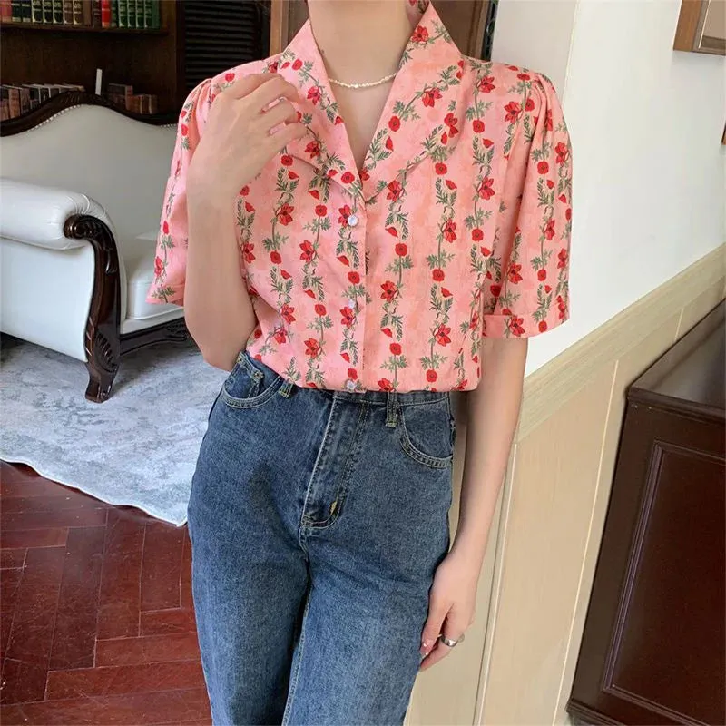 Vevesc Vintage Shirts Women Sweet Elegant Floral Print Blouses Summer Retro Streetwear Harajuku Korean Loose Casual Cardigan Tops New