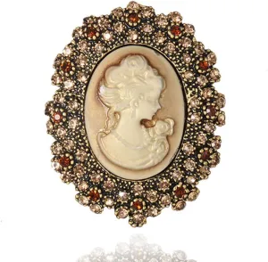 Victorian Vintage Beauty Lady Brooch Pins with Red Pink Crystal Rhinestones, Retro Gold Tone Brooches for Women Fashion Jewelry, Large Brooch for Wedding Dress, Bouquet, Scarf, Shawl, Handbag