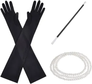 Vintage 1920s Jewelry Set: Pearl Necklace Opera Length Gloves Plastic Holder for Dress