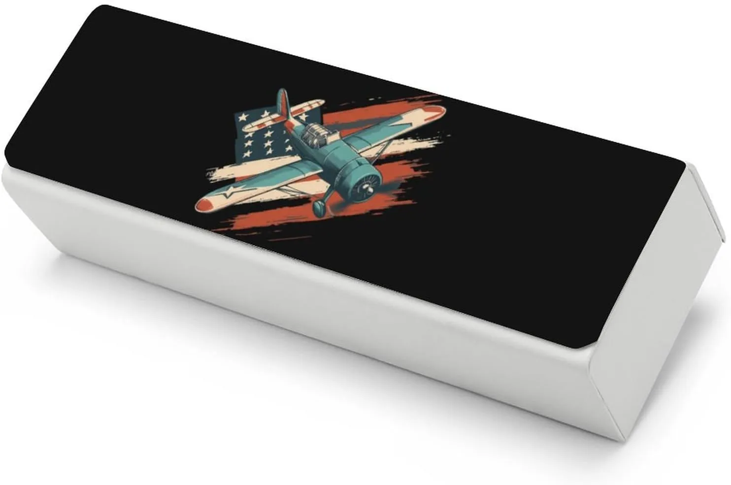 Vintage Airplane US Flag Glasses Case PU Leather Eyeglass Case Protective Case Sunglasses Pouch Holder for Women Men