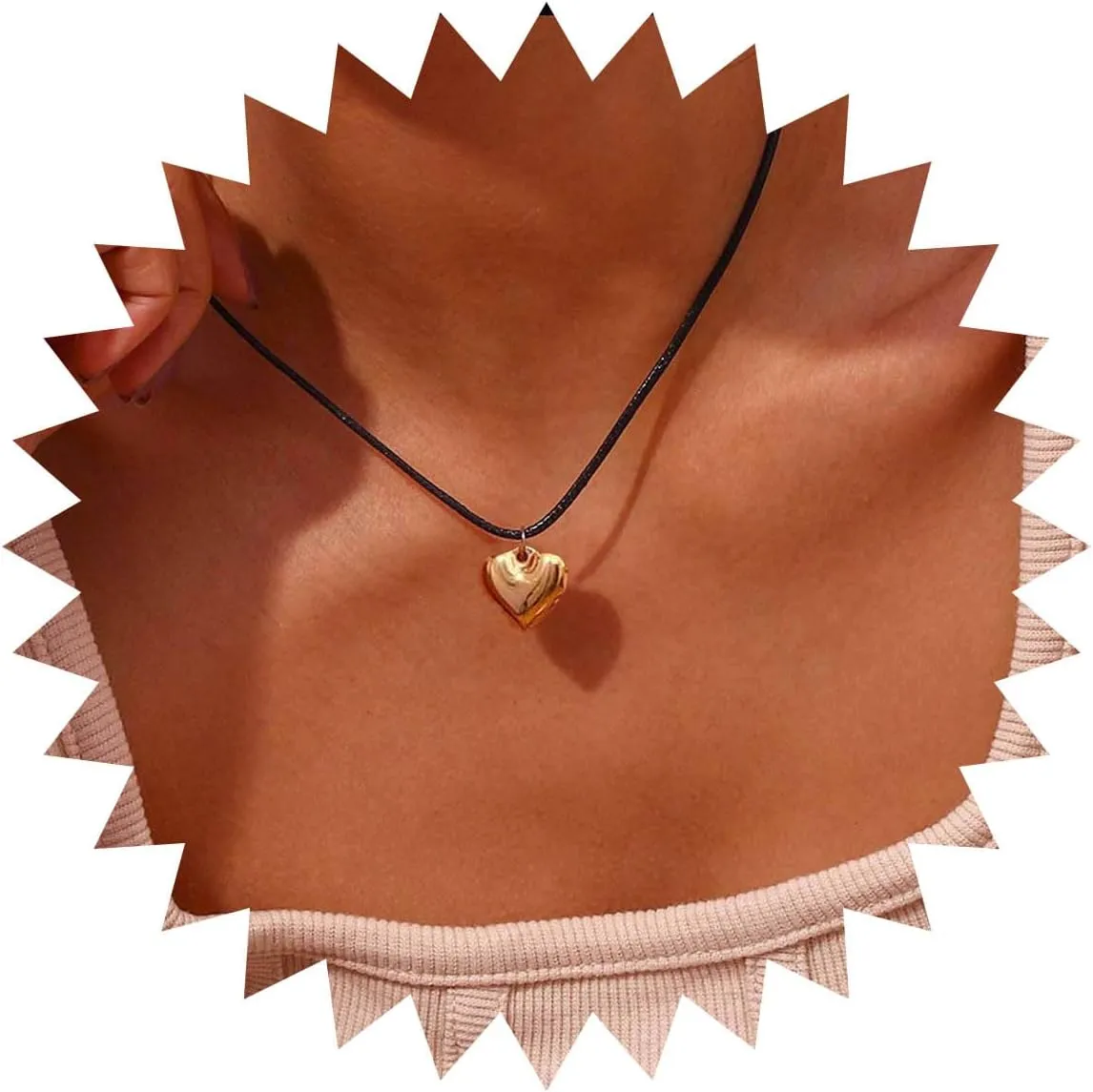 Vintage Black Leather Choker Necklace Puffy Heart Pendant Necklace Black Suede Necklace Gold Heart Choker Necklace Jewelry for Women