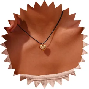 Vintage Black Leather Choker Necklace Puffy Heart Pendant Necklace Black Suede Necklace Gold Heart Choker Necklace Jewelry for Women