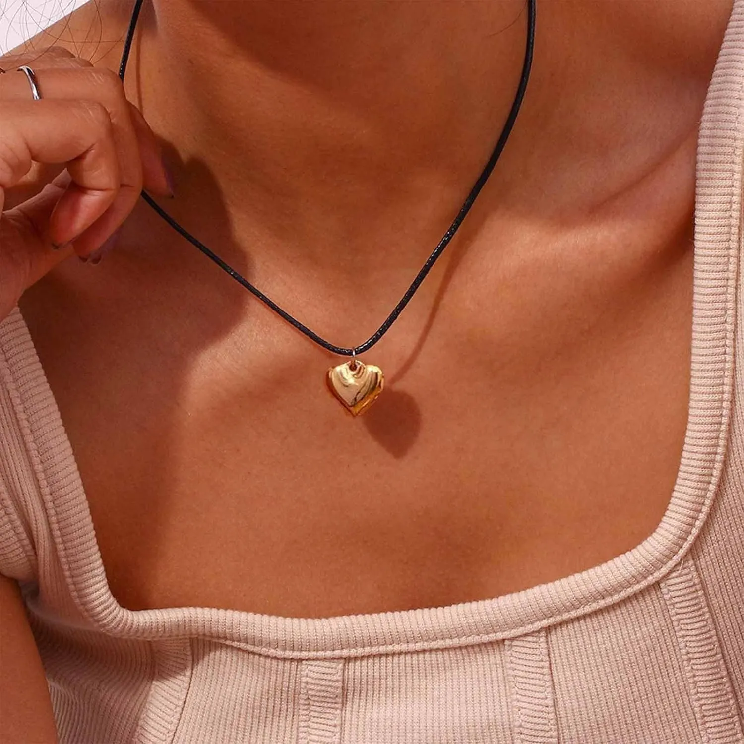 Vintage Black Leather Choker Necklace Puffy Heart Pendant Necklace Black Suede Necklace Gold Heart Choker Necklace Jewelry for Women