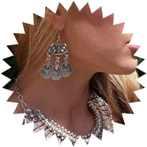 Vintage Coin Earrings Silver Long Tassel Coin Drop Earrings Gothic Retro Coin Dangle Earrings Statement Nightclub Prom Earrings Jewelry for Women