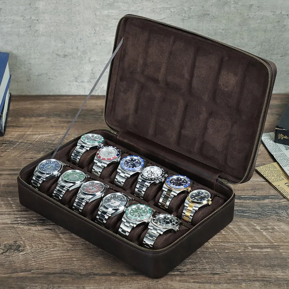 Vintage Crazy Horse Leather Large Capacity Watch Storage Box - Holds 12 Watches,CF1158