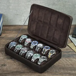 Vintage Crazy Horse Leather Large Capacity Watch Storage Box - Holds 12 Watches,CF1158