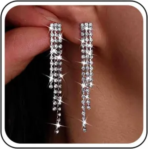 Vintage Crystal Chandelier Dangle Earrings Rhinestone Chain Drop Earrings Long Crystal Tennis Chain Earrings Silver Crystal Chain Earrings Cz Bridal Chandelier Earrings for Women