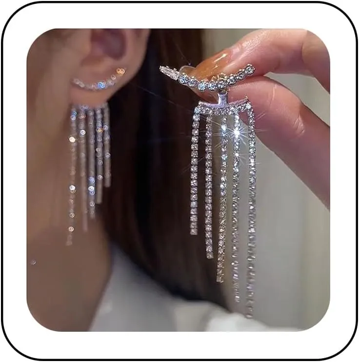 Vintage Crystal Chandelier Dangle Earrings Rhinestone Chain Drop Earrings Long Tennis Chain Earrings Silver Crystal Climber Earrings Bridal Chandelier Earrings Jewelry for Women